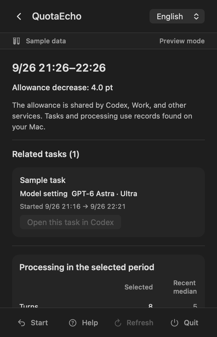 Actual QuotaEcho English screen showing a task, model setting and processing during the selected period