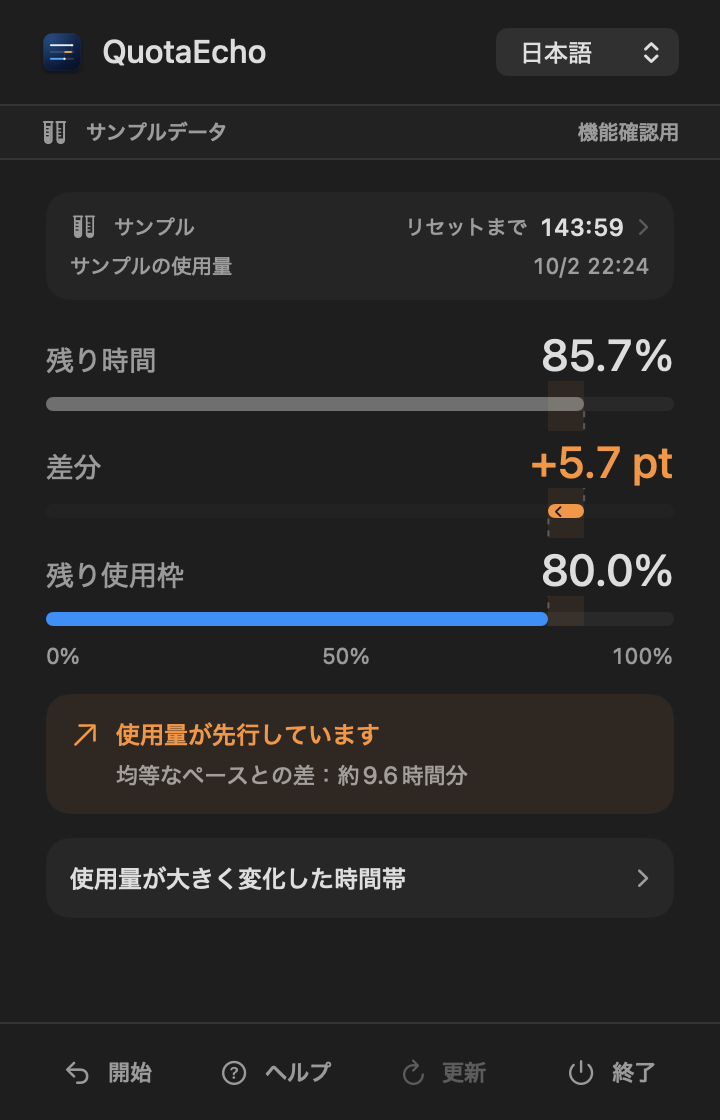 残り時間、差分、残り使用枠を表示するQuotaEchoの日本語画面
