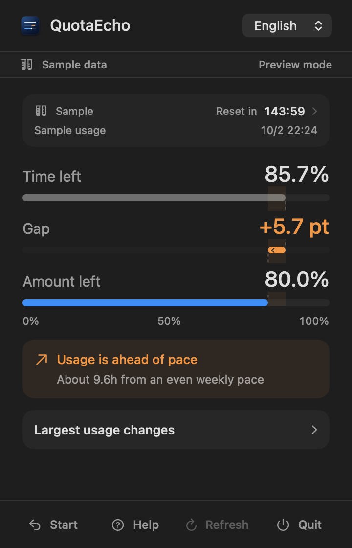 QuotaEcho screen showing Time left, Gap, and Amount left