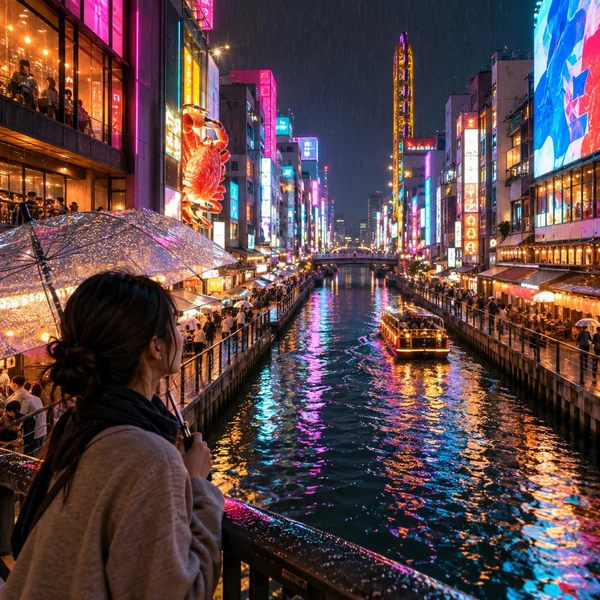 A neon-lit city on a rainy evening.