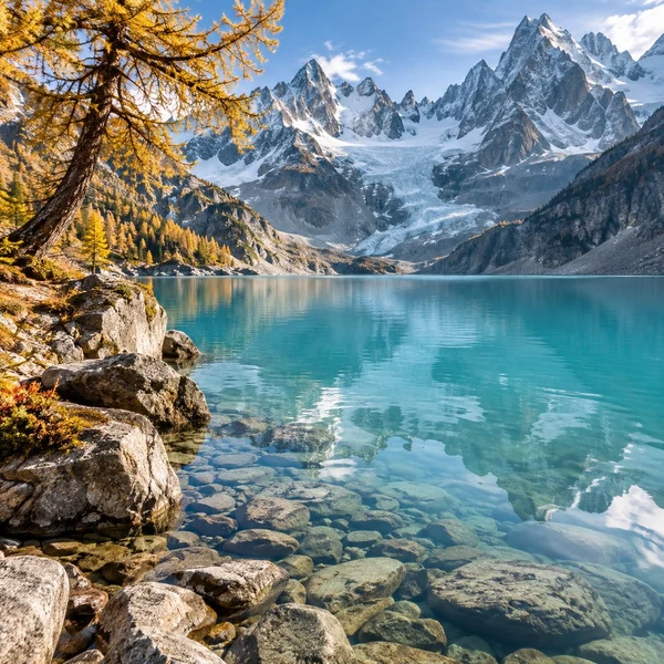 A quiet turquoise lake surrounded by mountains.